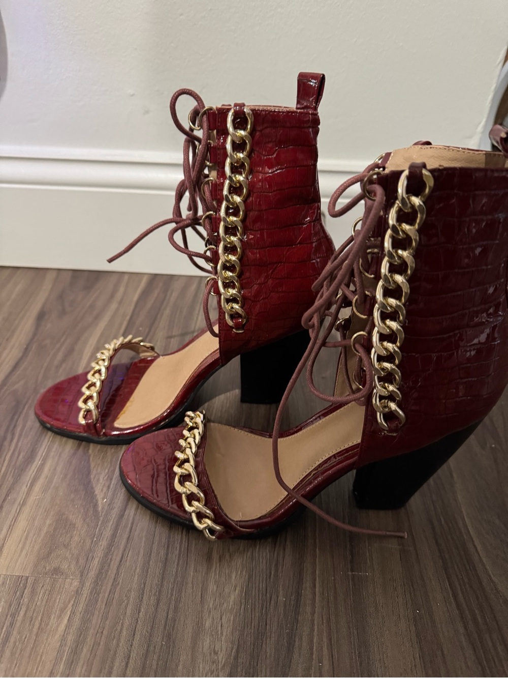 Missguided Burgundy Croc-Embossed Lace-Up Heels with Gold Chain